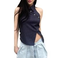 ราคา Oriental Beauty Women Summer Fitted Vest Stripe Lapel Sleeveless Open Back Slim Fit Tank Tops With Slit Hem (15208204121)