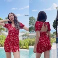 ราคา เดรสสั้น คอวี แขนสั้น ลายดอก ชุดสีส้มอิฐ เว้าโชว์หลัง มินิเดรส ชุดเที่ยว เสื้อผ้าแฟชั่น 15364 (16980205394)