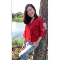 ราคา เสื้อผ้าฝ้ายคอวี รุ่นป้ายข้างผูกโบว์หน้า (19596006944)