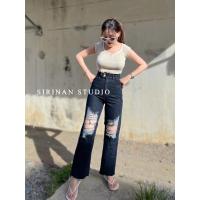 ราคา กางเกงยีนส์ขากระบอกแต่งขาด 2กระดุม เอวสูงทรงสวย (15167132507)