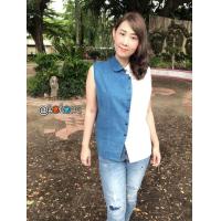 ราคา เสื้อเชิ้ตมัดย้อม คอบัว แขนกุด ลายทูโทน (830656246)
