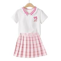 ราคา Girls Suit Polo Collar Candy Color Cute Cartoon Printing T shirt Plaid JK Skirts Leisure Fashion Sets (20808116389)