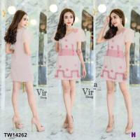 ราคา TW14262 เดรสแขนพองผ้าแก้วแต่งระบายหยัก (6025756563)