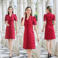 ราคา รวมเดรสผ้าไทยสีแดง ผ้าทอลาย อัดกาวทั้งชุด ชุดทำงานผ้าไทยสีแดง ซิบหลัง (17389329589)