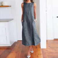 ราคา Summer Dress Women O Neck Sleeveless Pocket Loose Maxi Dresses Vintage Striped Cotton Linen Long Dress 2023 A Line Beach Dress (19674421459)