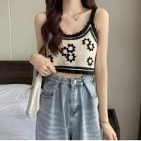 ราคา เสื้อสายเดี่ยวถักไหมพรมดอกไม้ CL 022 เสื้อครอปปักลายดอกสไตล์เกาหลีสำหรับผู้หญิง (20032613134)