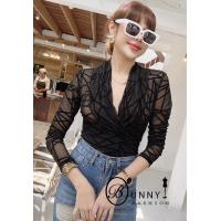 ราคา เสื้อคอไขว้ ลายผ้าซีทรู กำมะหยี่ยืด แขนยาว เนื้อสวยมาก รุ่นนี้อกยืดได้ถึง32 40 ยาว23 (18888256891)