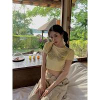ราคา ST965 เสื้อครอปเอวลอยสีเหลืองอ่อน รีดเพชรรูปผีเสื้อ (19467533432)