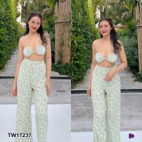 ราคา TW17237 set 2 ชิ้น เสื้อเกาะอกคล้องคออัดพลีท กางเกงขายาวอัดพลีทพิมลาย (12069099520)