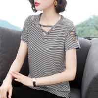 ราคา เสื้อยืดแขนสั้นของผู้หญิงเสื้อทรงหลวมคอวีสีดำลายฉลุสำหรับฤดูร้อน (10162143856)