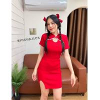 ราคา SpinnyHouse เดรส เดรสเปิดอก ผ้ายืด เนื้อผ้าไม่หนาไม่บาง ใส่สบาย เสื้อคอจีน เดรสคอจีน กี่เพ้า รุ่น ตรุษจีนผ่าข้าง (17254411245)