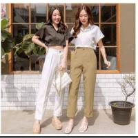 ราคา กางเกงเอวสูงขายาวทรงเบสิคจีบหน้าแต่งกระดุมเอวสูงมีกระเป๋าS XL (19467630750)