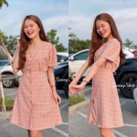 ราคา Teera พร้อมส่ง เดรสคอวีลายสก็อต ป้ายNanny มีโบว์ผูกหลัง งานกระดุมไม้สีสวย (16452171482)