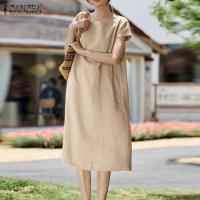 ราคา ZANZEA เดรสผู้หญิงสไตล์เกาหลีเดรสซันเดรสคอกลมแขนสั้นชุดลำลองย้อนยุคผ้าฝ้ายลินินแบบลำลองซันเดรส 8 (21193189381)
