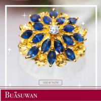 ราคา แหวน ประดับด้วยพลอยไพลิน และ เพชร เบลเยียม ตัวเรือนทองคำแท้ 18K ลักษณะเป็นพุ่มดอกไม้ พลอยไพลินมีสีน้ำเงิน การันตี พลอยแท้ ทองแท้ (17939100616)