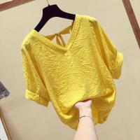 ราคา เสื้อชีฟองเลียนแบบคอวีเปลือยหลังของผู้หญิงเสื้อยืดแขนสั้นบางและระบายอากาศบางแฟชั่นทรงหลวมสไตล์เกาหลีใหม่ (12818255309)