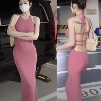 ราคา Kardashian ชุดเดรสสายเดี่ยวสีชมพูชุดเดรสแบบยาวเปิดหลังคล้องคอทรงหางปลารัดสะโพกเข้ารูปใส่ช่วงวันหยุดสำหรับสาวอวบ (20269918313)
