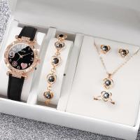 ราคา Women Fashion Rhinestone Quartz Watch Leather Band Wrist Watch Jewelry Set (21052886708)