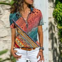 ราคา Vintage Indie Folk Women Print T Shirt Casual Short Sleeve V Neck Zipper Loose T Shirt Bohemian 2022 Summer Tops Female Pullover (17642667239)