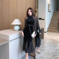 ราคา ชุดเดรสผ้ากำมะหยี่สำหรับผู้หญิงชุดเดรสเสื้อเอวสูงแขนยาวคอสูงผ้าตาข่ายผ้ากำมะหยี่สไตล์เกาหลีสำหรับหางปลายาวเลยเข่า (20807646725)