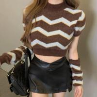 ราคา H H พร้อมส่ง เสื้อคอกลมไหมพรม แขนสั้น ดีเทลลายทางหยัก แถมปลอกแขน เกาหลีเกาใจ M0731 C (20714937255)