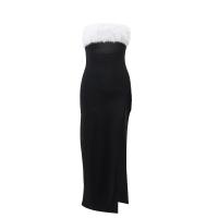 ราคา VesGlory Women Midi Dress 2023 Contrast Color Furry Off Shoulder Side Slit Casual Elegant Streetwear (21028735640)