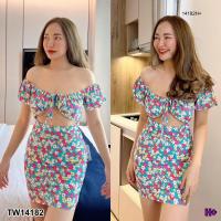 ราคา TW14182 เดรสสั้น ลายดอก เว้าหน้าท้อง เอวยางยืด (12884426005)
