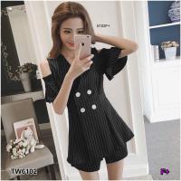 ราคา TW6102 Set 2 ชิ้น เสื้อสูทเว้าไห่ลลายริ้ว กางเกงขาสั้น Set of 2 pieces Striped striped suit top shorts (5613232191)
