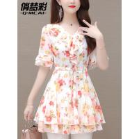 ราคา เสื้อเชิ้ตผ้าชีฟองลายดอกไม้เล็กๆสวยๆชุดฤดูร้อนสำหรับผู้หญิงเสื้อคอวีเสื้อยืดมีเชือกรูดแบบยาวปานกลางเสื้อตัวเล็กสไตล์ตะวันตกขอบหยักเก็บเอว (19925550550)