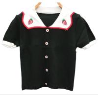 ราคา เสื้อไหมพรมแฟชั่น คอปกหยักปักสตอเบอรี่ แต่งกระดุม (16301679269)