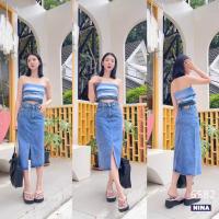 ราคา กระโปรงยีนส์ตัวยาวผ่าหน้า เอวสูง ทรงเกาหลี (19655632556)