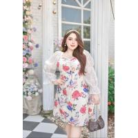 ราคา พร้อมส่ง S 6XL Dress ดอก สีชมพูสวย มากๆ เป็นงานพิมพ์ลาย มีลูกเล่นเหมือนเอาลูกไม้ มาต่อกัน แขนเจ้าหญิง โทนหวานละมุน (19966237686)