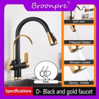 ราคา Broonpre Matte สีดำน้ำบริสุทธิ์ก๊อกน้ำห้องครัวก๊อกน้ำสองมือจับร้อน และเย็นดื่มน้ำดึงออกมาสีทองห้องครัวก๊อกน้ำ (20220175708)