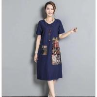ราคา Dress Summer Ethnic Style round Neck Short Sleeve Printed Midi Skirt Mother Wear Loose plus Size Anti Aging A Line Skirt Women (20804093477)