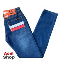 ราคา กางเกงยีนส์ชาย ขาเดฟผ้ายืดสีฟอก คาดหนังสีขาวแดง (16368871035)