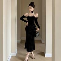 ราคา เดรสยาวหางปลาแขนปิดไหล่ยาวประดับด้วยลูกปัดกำมะหยี่สำหรับผู้หญิงชุดเดรสแฟชั่นทรงหางปลาแขนเอวสูงเรียบหรู (20959291786)