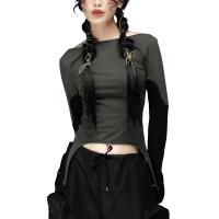 ราคา Zhnenanqu เสื้อยืดผู้หญิงเปลือยหลังแขนยาวปะต่อเข้ารูปพอดีเสื้อกั๊กฤดูร้อนเสื้อยืดสีตัดกัน (20640597393)