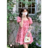 ราคา be after dinner bubble sleeve V neck dress summer pink three dimensional rose petal temperament sweet (16872380603)