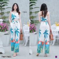 ราคา TW17863 Set 2 ชิ้น เสื้อครอปสายเดี่ยวลายมะพร้าว กางเกงลายมะพร้าว (16168565847)