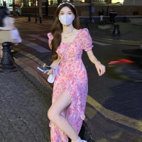 ราคา เมอร์วิน ขายดี ชุดเดรสหรูหราแขนสั้นสไตล์ฝรั่งเศสหนึ่งชิ้นลายดอกไม้ชายหาดชุดกระโปรงยาวประมาณเข่าชายหาด (19179720107)
