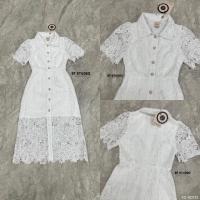 ราคา เดรสลูกไม้แขนสั้นคอปกกระดุมหน้าสีทองปั้มลายนูนเรียงยาว มีซับในสั้นด้านใน งานลูกไม้ฉลุลายดอกไม้สีขาวสวยเนื้อผ้าดี CODE 10 00113 (19724753530)