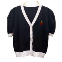 ราคา เสื้อไหมพรมสีดำ ปักสตอเบอรี่ กระดุมหน้า (16462681503)
