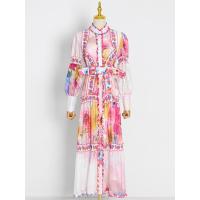 ราคา COD VGH Vintage Print Colorblock Dress For Women Stand Collar Lantern Sleeve High Waist Loose Long Dresses Female Clothing Fashion (16362467359)