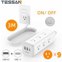 ราคา TESSAN 3M Extension Cord Flat Plug Power Strip 1875W 15A with USB C Port 1050J Surge Protector Extension Cord with 9 Outlets 3 USB Ports 10 Feet Extension Cord with Multiple Outlets Flat Plug 1875W 15