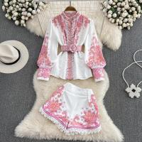 ราคา ชุดสูทสีชมพูคอตั้งพิมพ์ลายวินเทจสำหรับผู้หญิงใหม่แขนยาวฤดูใบไม้ผลิฤดูร้อนเสื้อสตรีแต่งลูกไม้สองชิ้นเสื้อท่อนบนและกางเกงขาสั้นเอวสูง (20688190180)