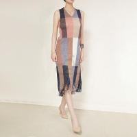 ราคา Aiden001 Average Size Sleeveless V Neck Dress Womens Tassel Contrast Color Striped Pleated Sundress YP 8205 (18412145161)