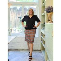 ราคา ชุดเดรส สาวอวบ ใส่ทำงาน ออกงาน เสื้อคอวี เอวแต่งระบาย เสื้อสีดำ ดระโปรงลายสก็อต ผ้ายืด (17170432975)