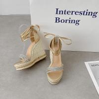 ราคา รองเท้าแตะสานส้นเตารีดแฟชั่นลูกไม้ขนาดใหญ่ของผู้หญิง12ซม (20501613377)