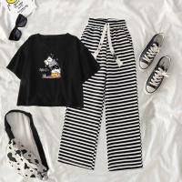 ราคา GG เสื้อผ้าเด็ก เหมาะสำหรับเด็กอายุ 8 12 ปี ชุดเสื้อยืดแขนสั้น กางเกงลำลองสำหรับเด็กผู้หญิง ชุดกางเกงขากว้างลายทางสำหรับเด็ก (21215394147)