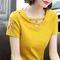 ราคา เสื้อยืดแขนสั้นของผู้หญิงเสื้อทรงหลวมคอวีสีดำลายฉลุสำหรับฤดูร้อน (10162143884)